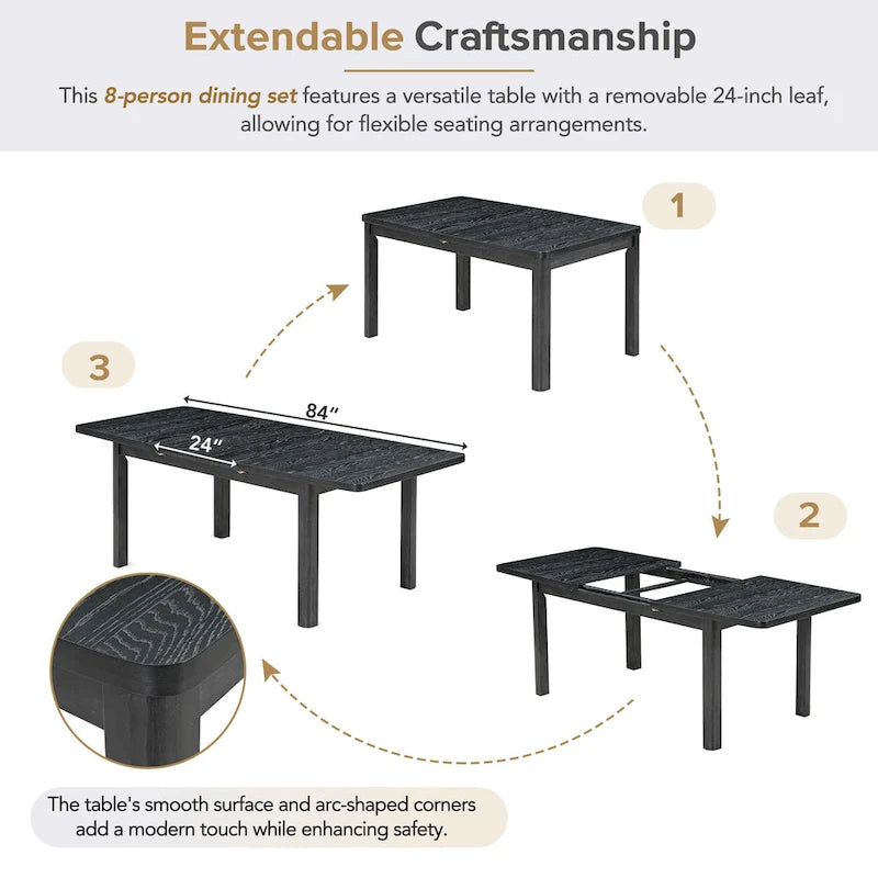 Ensemble de table à manger en bois 7 pièces noir et gris avec table extensible et 6 chaises