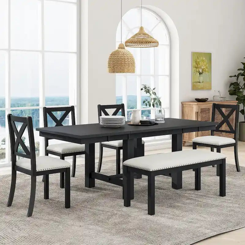 Ensemble de salle à manger 6 pièces en bois de style fermier avec table extensible et 4 chaises
