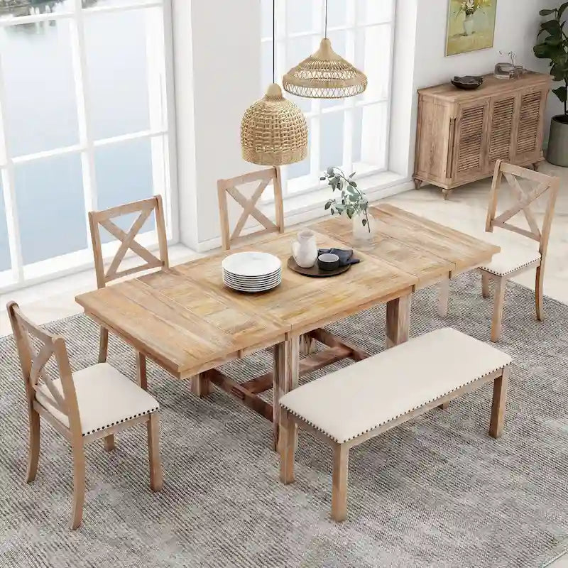 Ensemble de salle à manger 6 pièces en bois de style fermier avec table extensible et 4 chaises