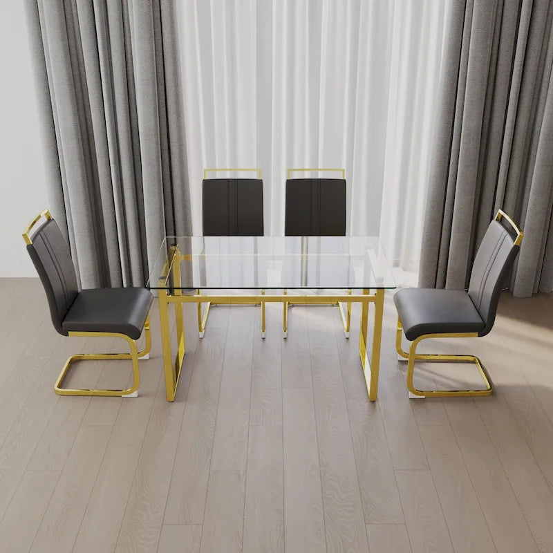 Ensemble de salle à manger 5 pièces de style moderne avec table rectangulaire en verre trempé et chaises de salle à manger sans accoudoirs à dossier haut avec pieds plaqués or