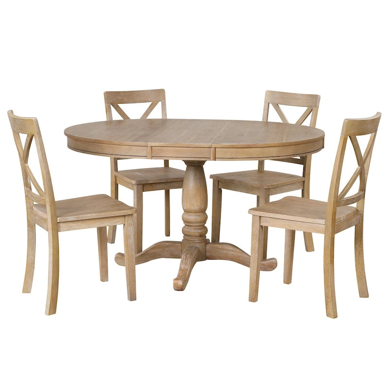 Natural Wood Wash 5-Piece Wooden Dining Table Set with Expandable Round Table & 4 Chairs