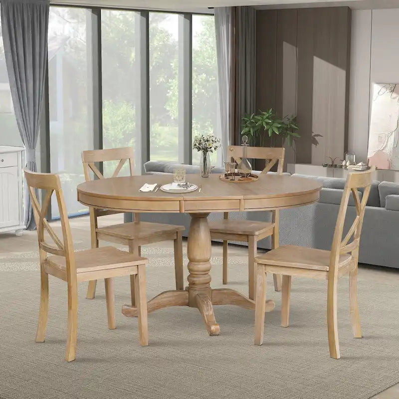 Ensemble de salle à manger 5 pièces en bois naturel avec table ronde extensible et 4 chaises