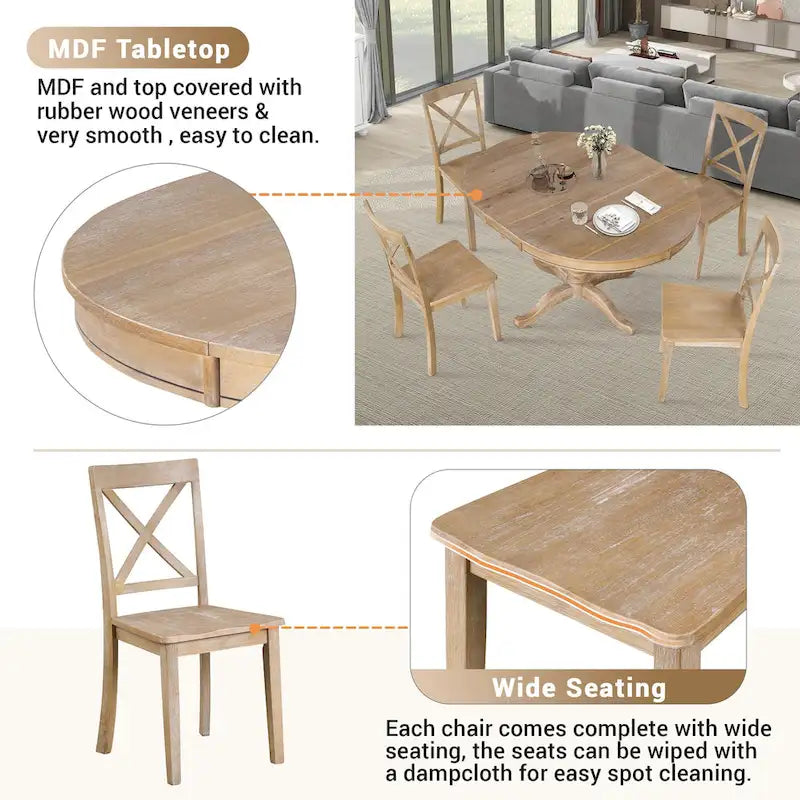Ensemble de salle à manger 5 pièces en bois naturel avec table ronde extensible et 4 chaises