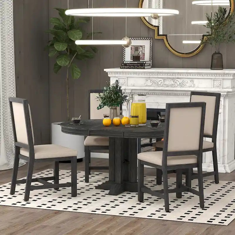 Ensemble de salle à manger 5 pièces en bois noir avec table ronde extensible et 4 chaises