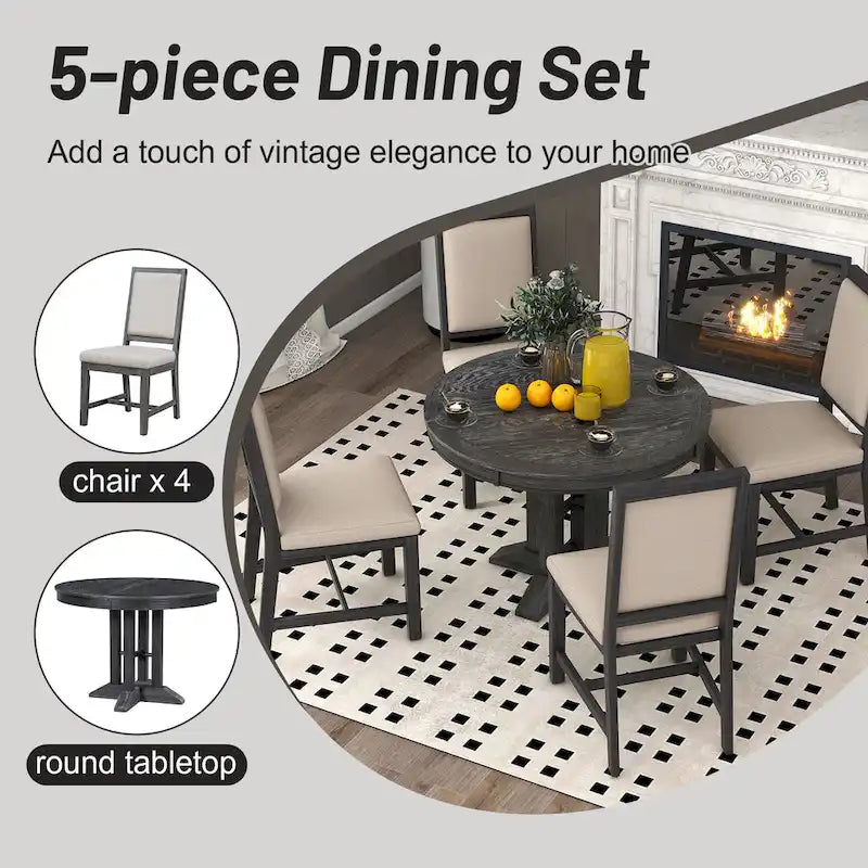 Ensemble de salle à manger 5 pièces en bois noir avec table ronde extensible et 4 chaises