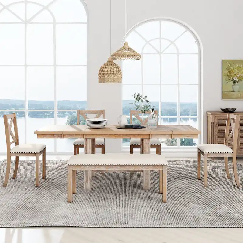 6-Piece Wooden Dining Table Set with Extendable Table & 4 Chairs & Bench