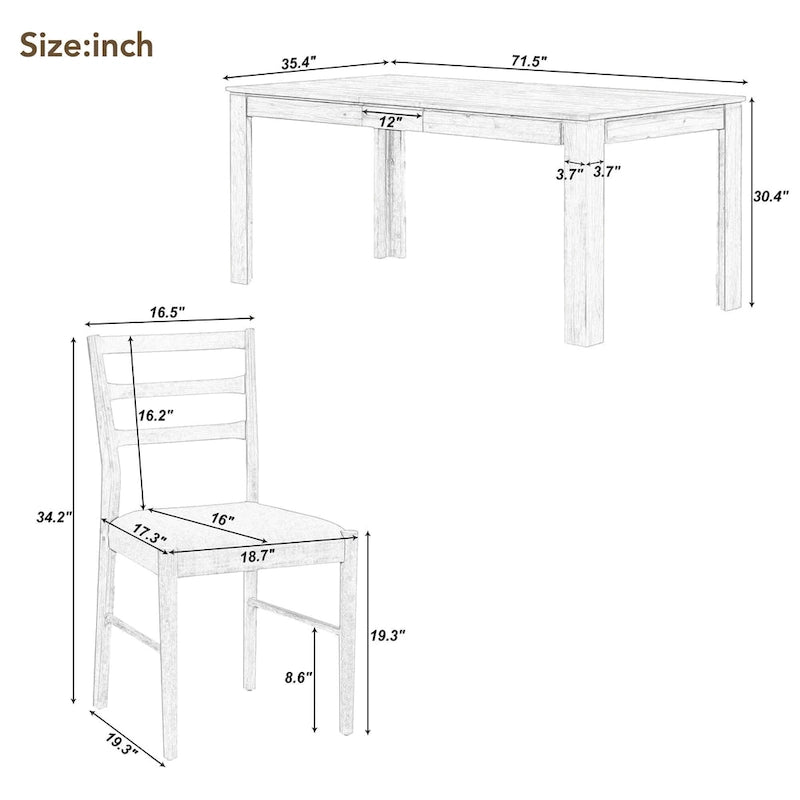 Ensemble de salle à manger 7 pièces en bois avec 6 chaises et table extensible