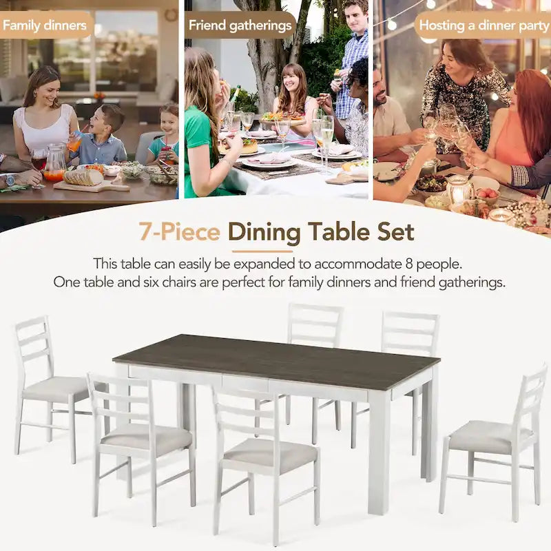 Ensemble de salle à manger 7 pièces en bois avec 6 chaises et table extensible