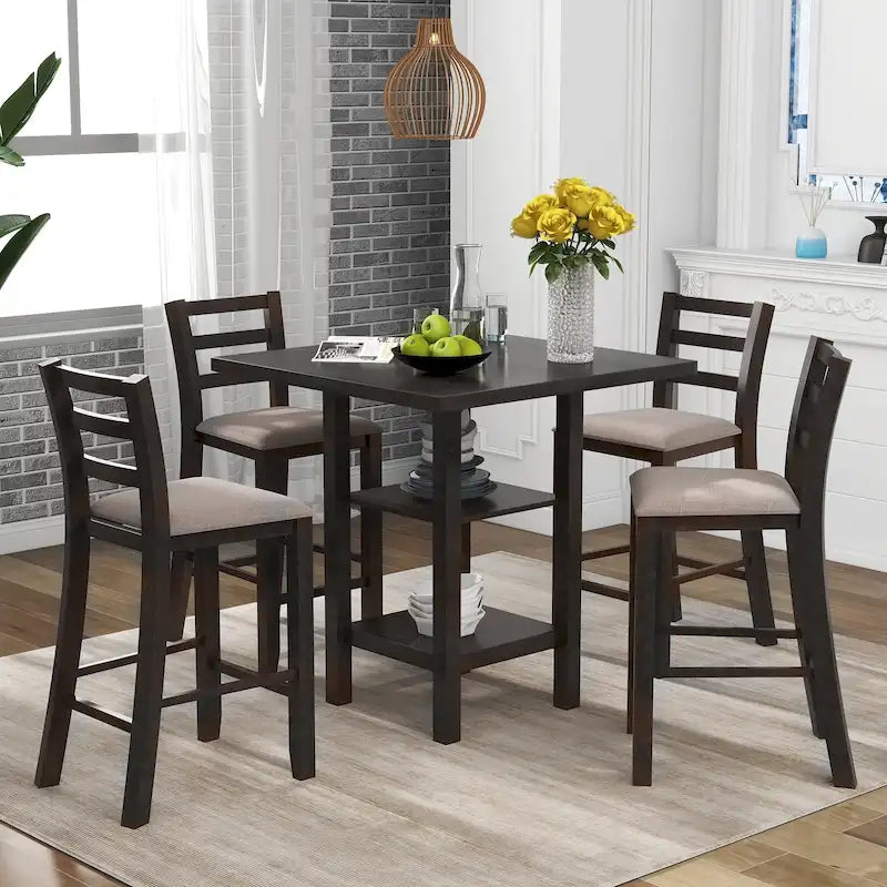Ensemble table de salle à manger en bois 5 pièces hauteur comptoir avec 4 chaises et étagère