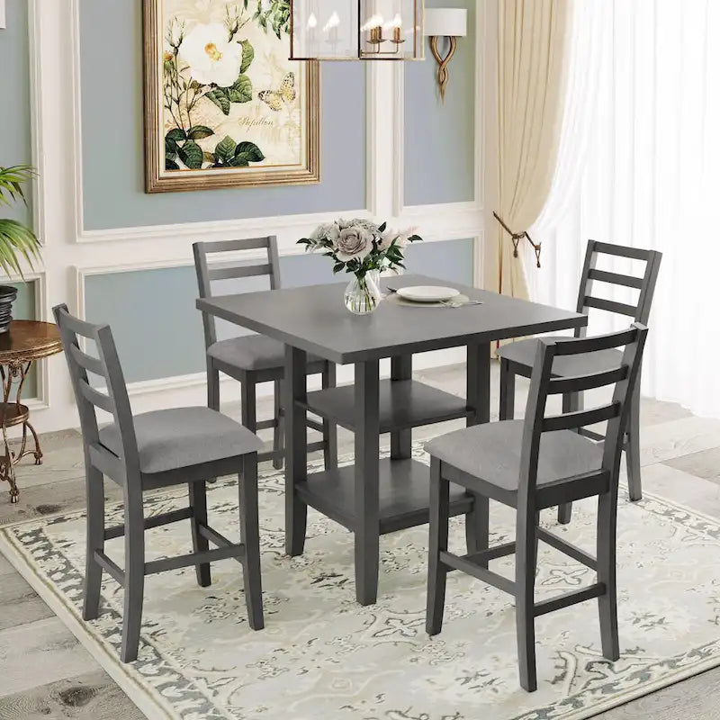Ensemble table de salle à manger en bois 5 pièces hauteur comptoir avec 4 chaises et étagère