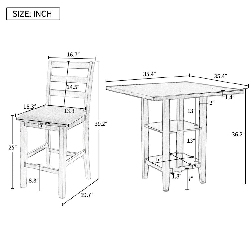 Ensemble table de salle à manger en bois 5 pièces hauteur comptoir avec 4 chaises et étagère