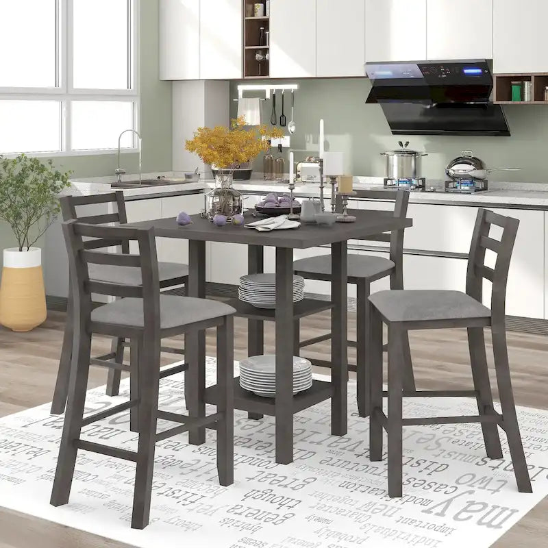 Ensemble table de salle à manger en bois 5 pièces hauteur comptoir avec 4 chaises et étagère
