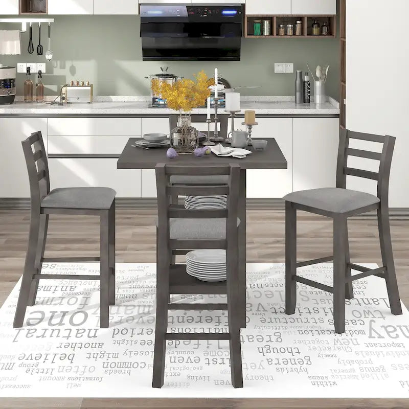 Ensemble table de salle à manger en bois 5 pièces hauteur comptoir avec 4 chaises et étagère