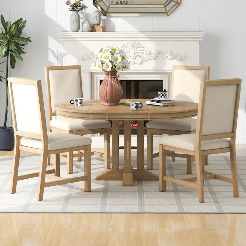 Ensemble de salle à manger 5 pièces en bois avec table ronde extensible et 4 chaises