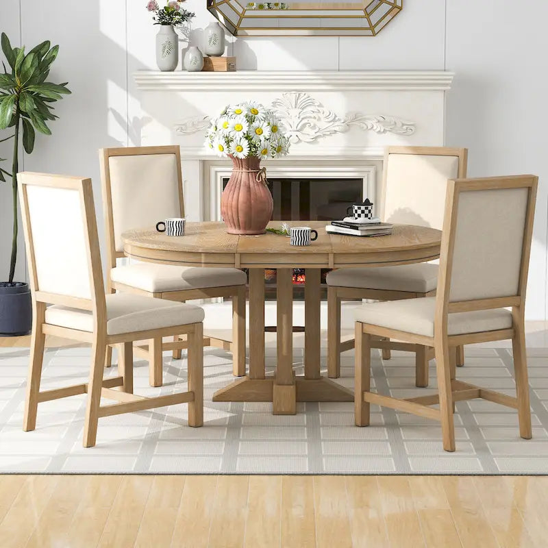 5-Piece Wooden Dining Table Set with Extendable Round Table & 4 Chairs