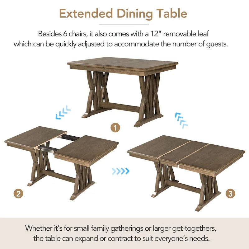 Ensemble de 7 pièces de salle à manger en bois avec table extensible et 6 chaises