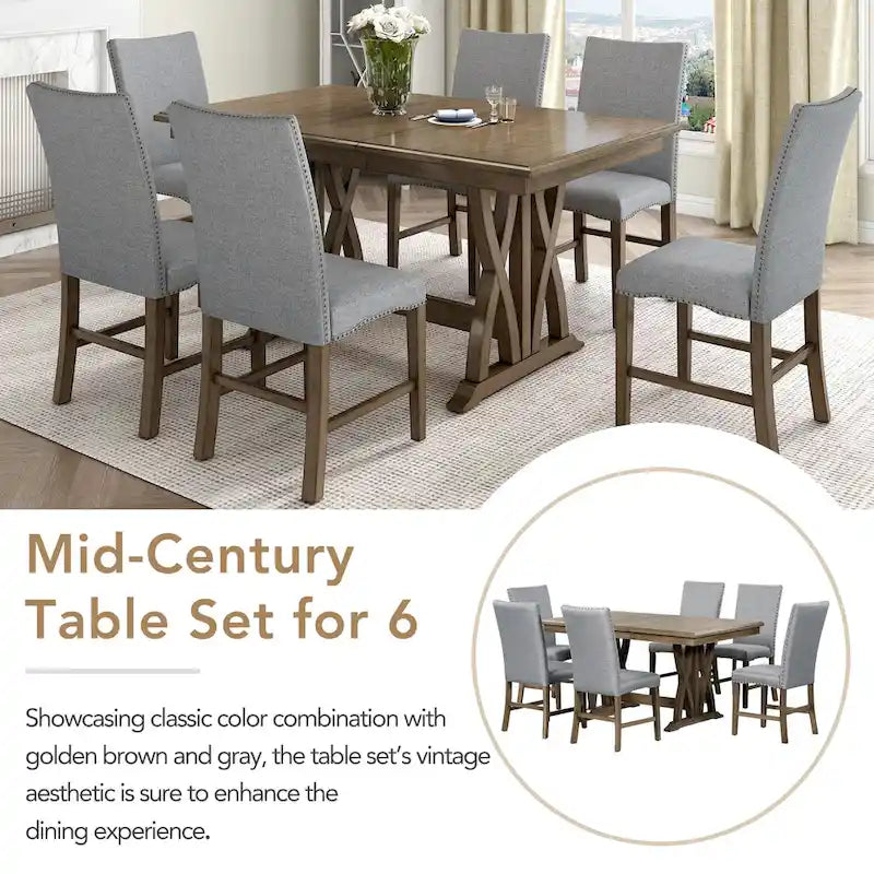Ensemble de 7 pièces de salle à manger en bois avec table extensible et 6 chaises