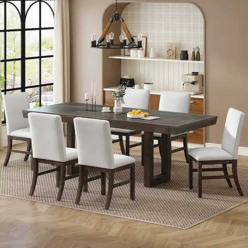 Ensemble de salle à manger 7 pièces de style traditionnel avec table extensible à rallonge papillon et 6 chaises rembourrées