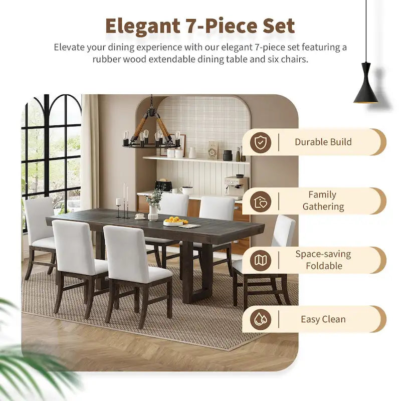 Ensemble de salle à manger 7 pièces de style traditionnel avec table extensible à rallonge papillon et 6 chaises rembourrées