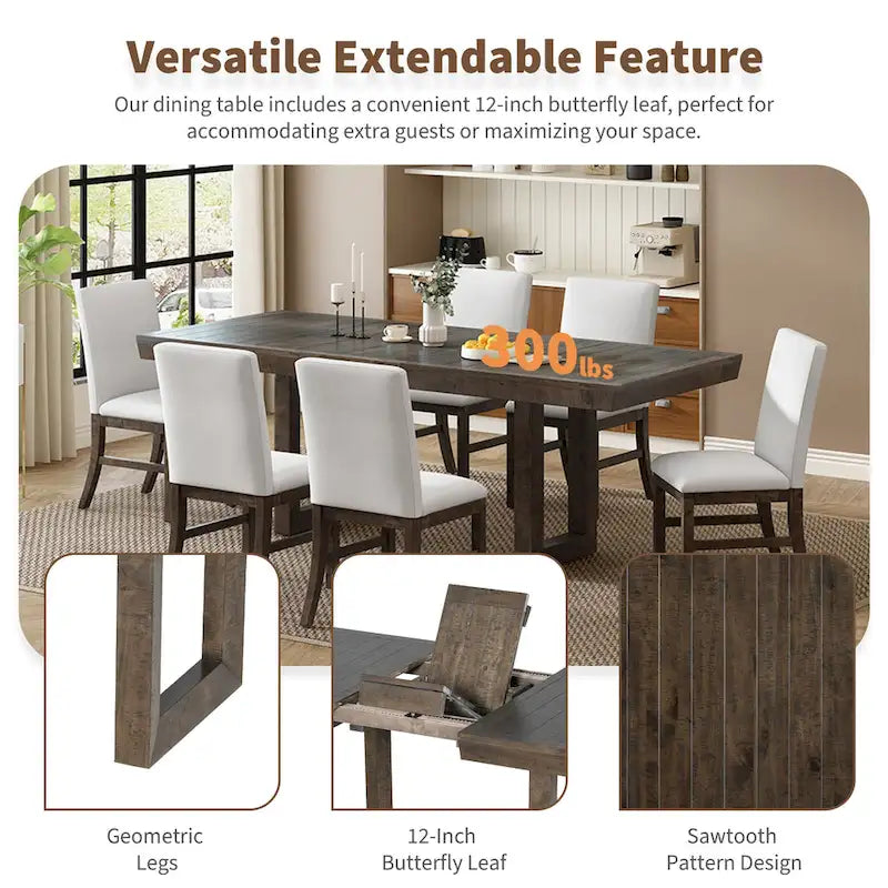 Ensemble de salle à manger 7 pièces de style traditionnel avec table extensible à rallonge papillon et 6 chaises rembourrées