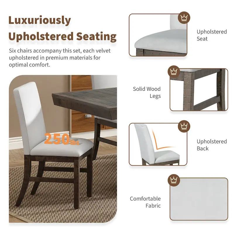 Ensemble de salle à manger 7 pièces de style traditionnel avec table extensible à rallonge papillon et 6 chaises rembourrées