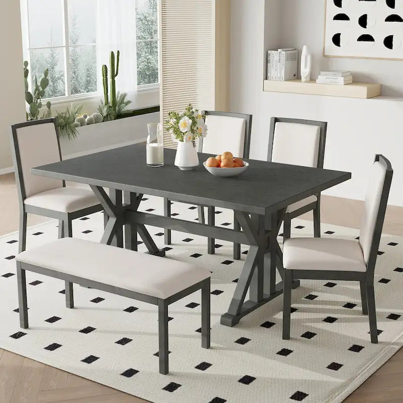Farmhouse Style 6-Piece Dining Table Set with 4 Upholstered Dining Chairs and Bench
