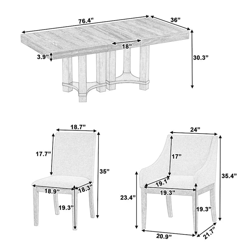 Ensemble de salle à manger 7 pièces de style rustique avec table extensible à rallonge amovible, 2 fauteuils et 4 chaises sans accoudoirs