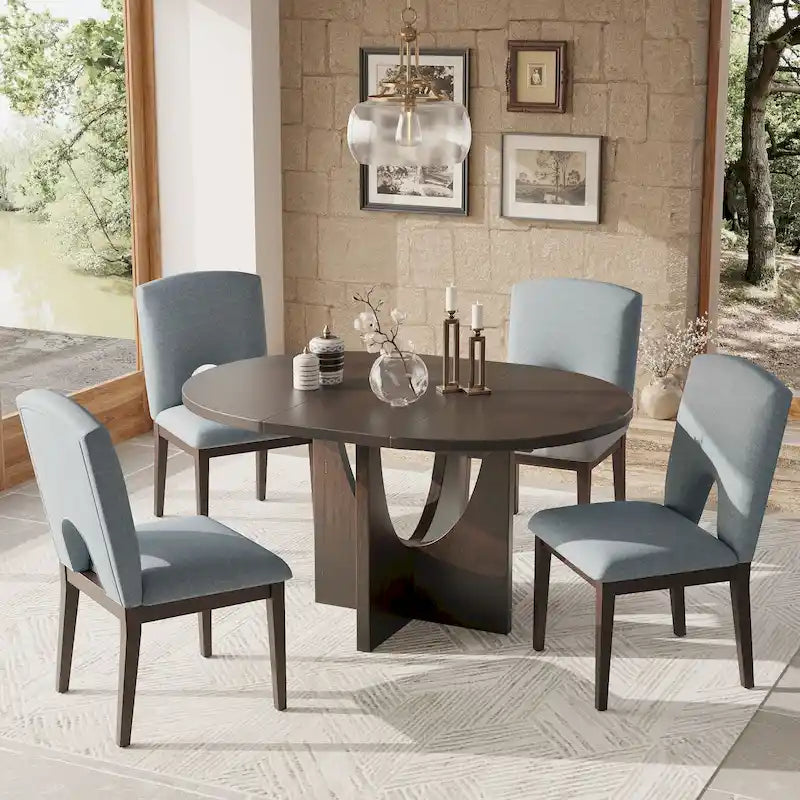 Ensemble de salle à manger moderne 5 pièces avec table ronde extensible à rallonge amovible et chaises de salle à manger rembourrées