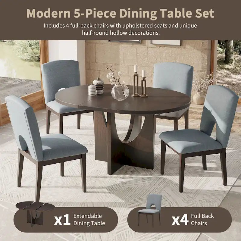 Ensemble de salle à manger moderne 5 pièces avec table ronde extensible à rallonge amovible et chaises de salle à manger rembourrées