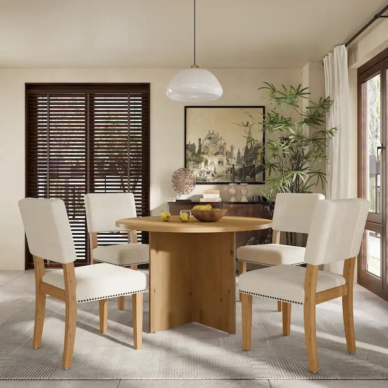 Ensemble de salle à manger 5 pièces de style ferme en bois avec table ronde et 4 chaises rembourrées en tissu imitation peau de mouton