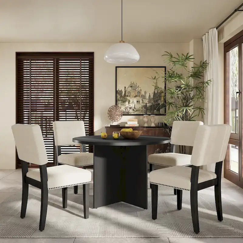 Ensemble de salle à manger 5 pièces de style ferme en bois avec table ronde et 4 chaises rembourrées en tissu imitation peau de mouton