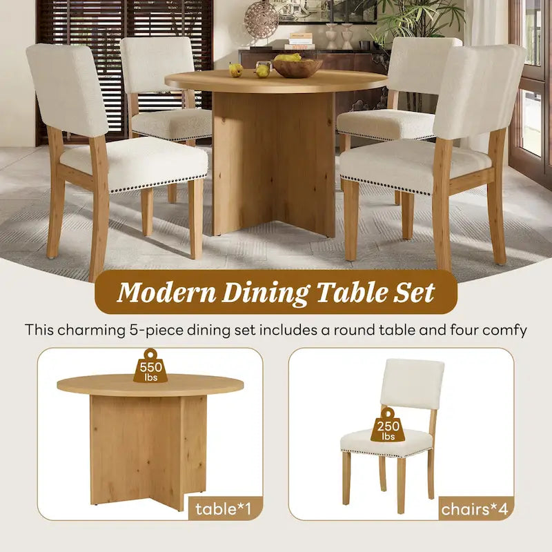 Ensemble de salle à manger 5 pièces de style ferme en bois avec table ronde et 4 chaises rembourrées en tissu imitation peau de mouton