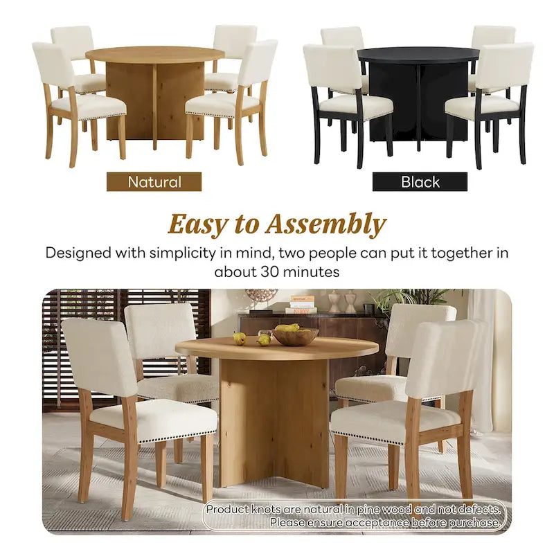 Ensemble de salle à manger 5 pièces de style ferme en bois avec table ronde et 4 chaises rembourrées en tissu imitation peau de mouton