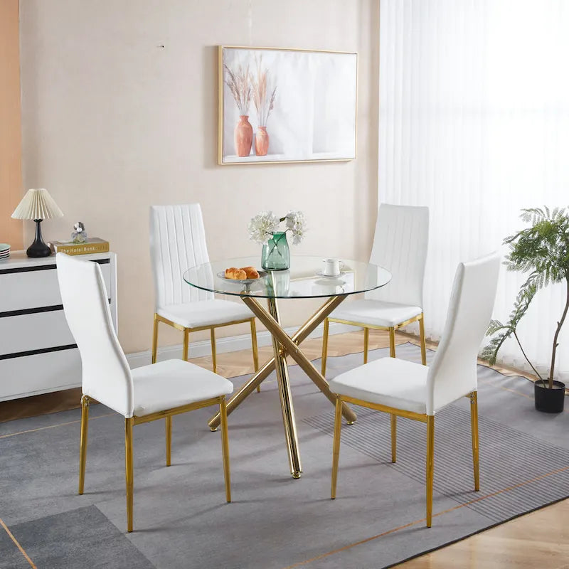 1+4, 5pieces dining set, Table metal leg Mid-century Dining Table for 4-6 people With Glass Table Top, Pedestal Dining Table