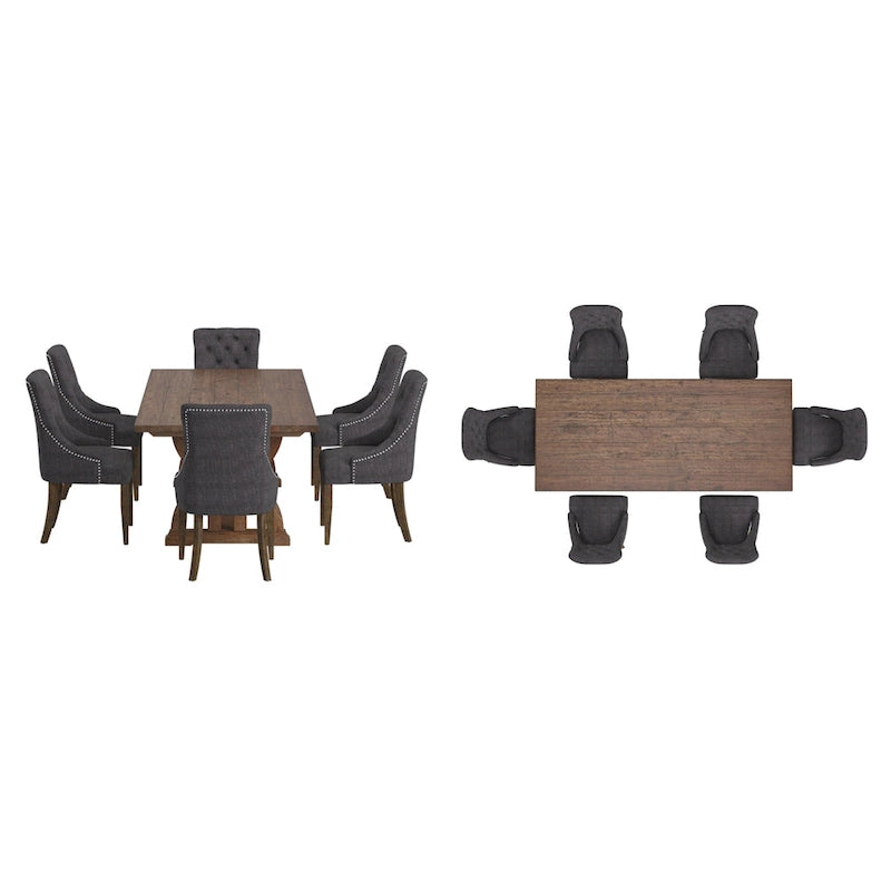 Ensemble de salle à manger table en bois de récupération Bratislava avec chaises à dossier incurvé et capitonnage boutonné