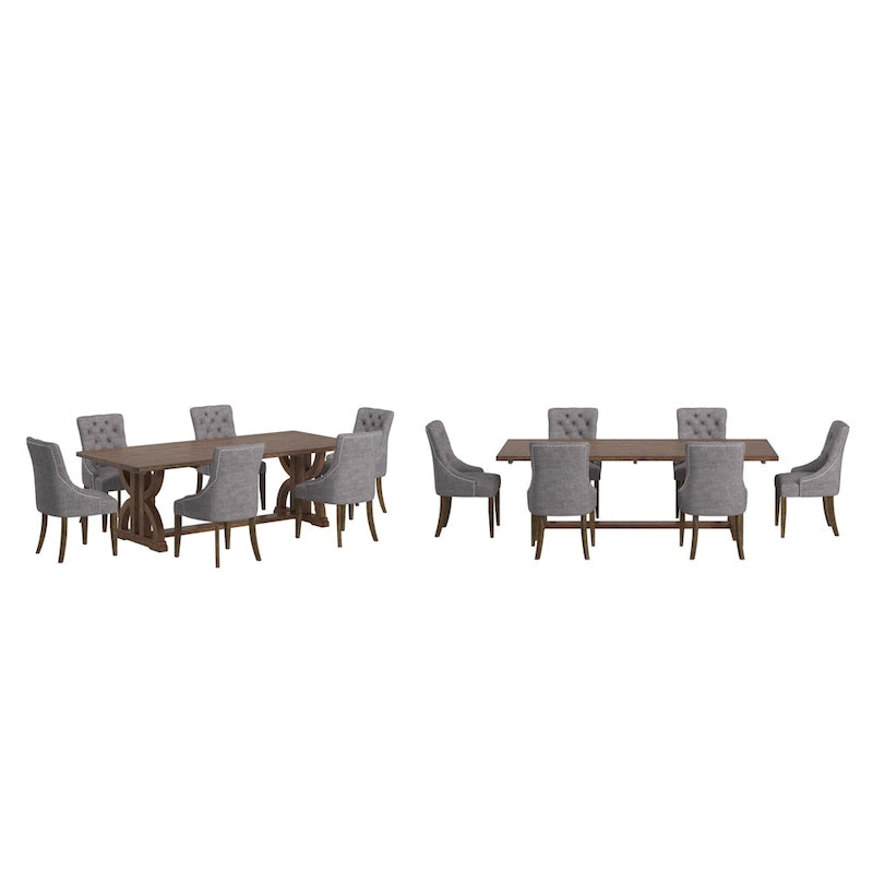 Ensemble de salle à manger table en bois de récupération Bratislava avec chaises à dossier incurvé et capitonnage boutonné
