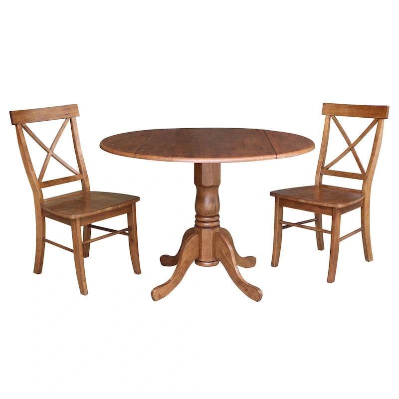 Table à abattants en bois massif de 42 po avec 2 chaises à dossier en X - Ensemble 3 pièces