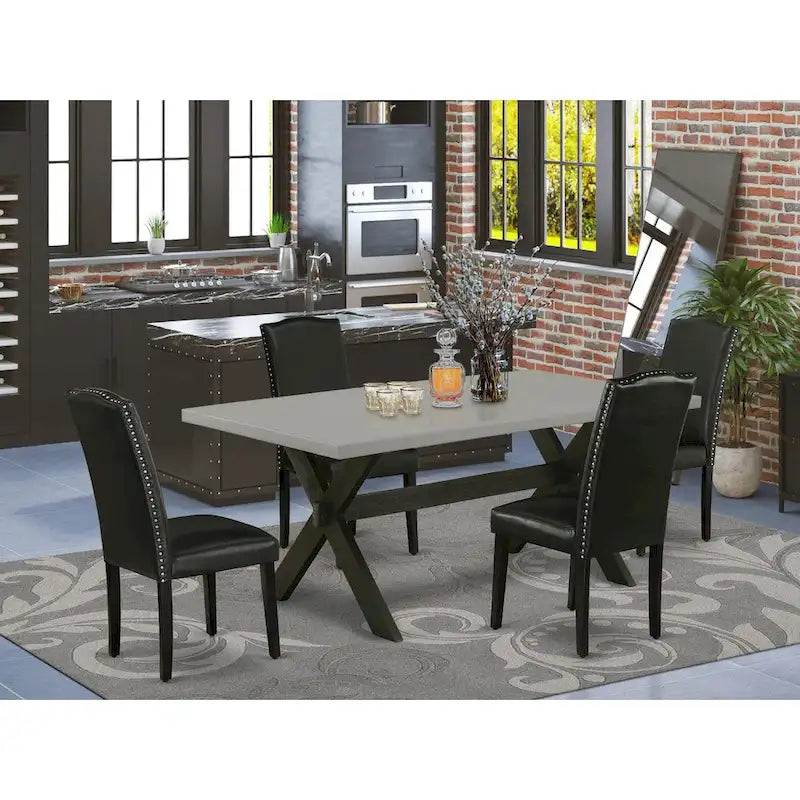 East West Furniture Dining Set- a Dining Table and Black Pu Leather Parson Chairs, Wire brushed Black.(Pieces Options)