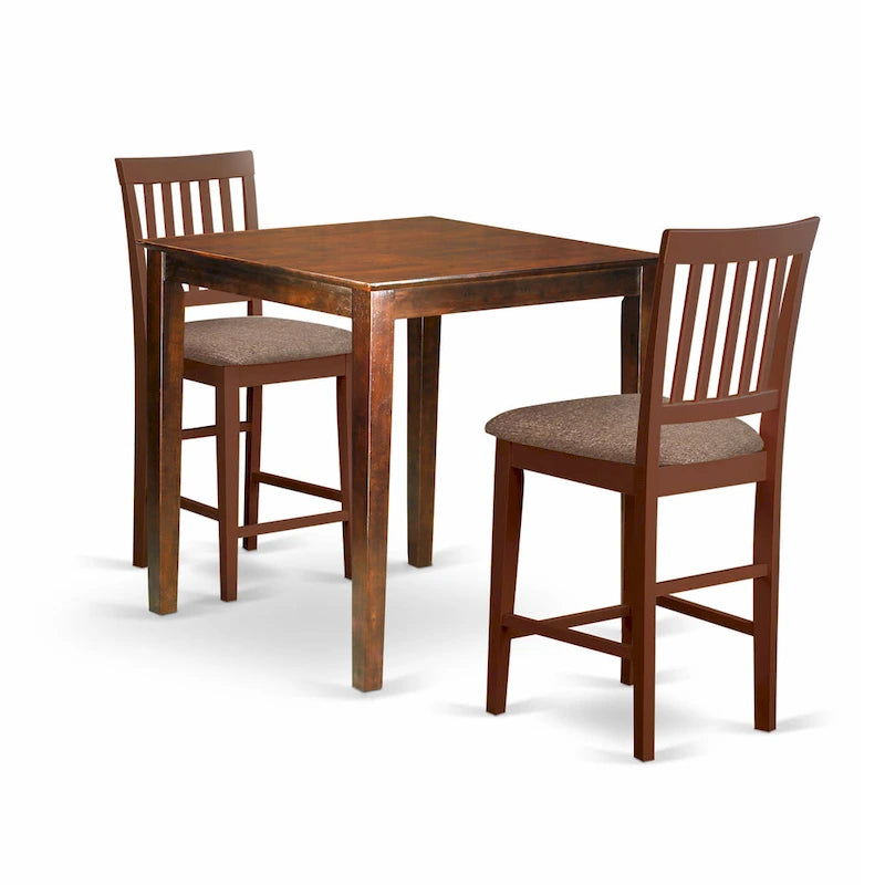 East West Furniture Ensemble de pub 3 pièces hauteur comptoir - une table à manger carrée et 2 chaises de cuisine, Acajou (Options de type d'assise)