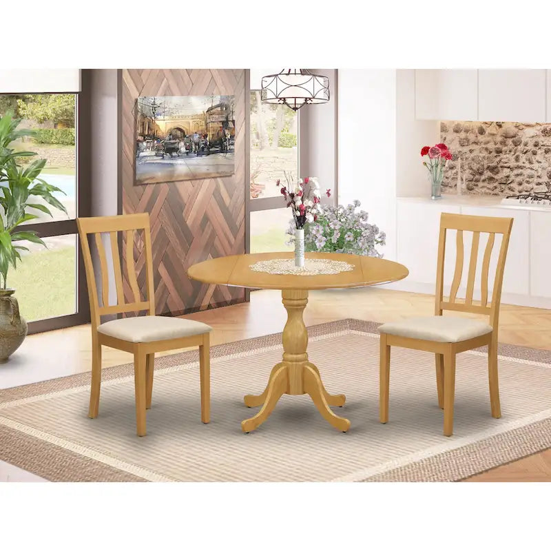 East West Furniture Kitchen Table Set- a Round Dining Room Table with Dropleaf and Linen Fabric Chairs, Oak (Pieces Option)