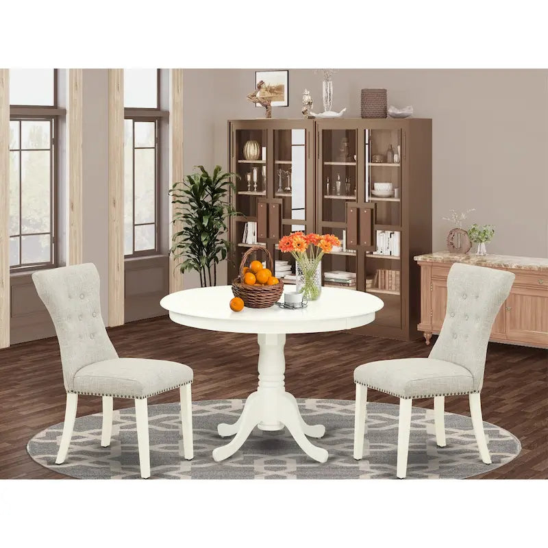 East West Furniture 3 Piece Dining Table Set- a Kitchen Table with Pedestal and 2 Linen Fabric Parsons Chairs(Finish Options)