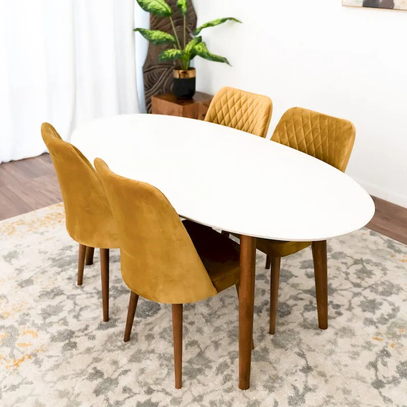 Ensemble de salle à manger ovale 5 pièces Kadenza avec 4 chaises de salle à manger en tissu jaune