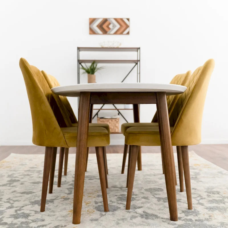 Ensemble de salle à manger ovale 5 pièces Kadenza avec 4 chaises de salle à manger en tissu jaune