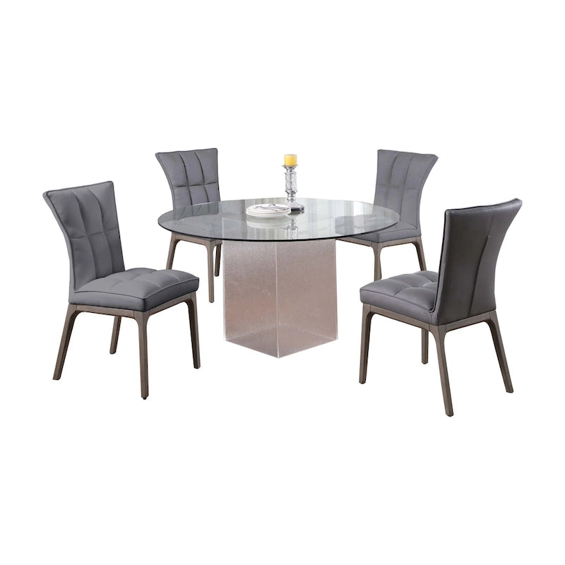 Ensemble de salle à manger Somette 5 pièces avec table ronde en verre, base en acrylique et 4 chaises latérales capitonnées