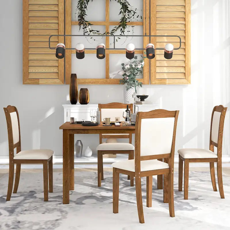 5-Piece Wood Dining Table Set Simple Style Kitchen Dining Set Rectangular Table with Upholstered Chairs for Limited Space