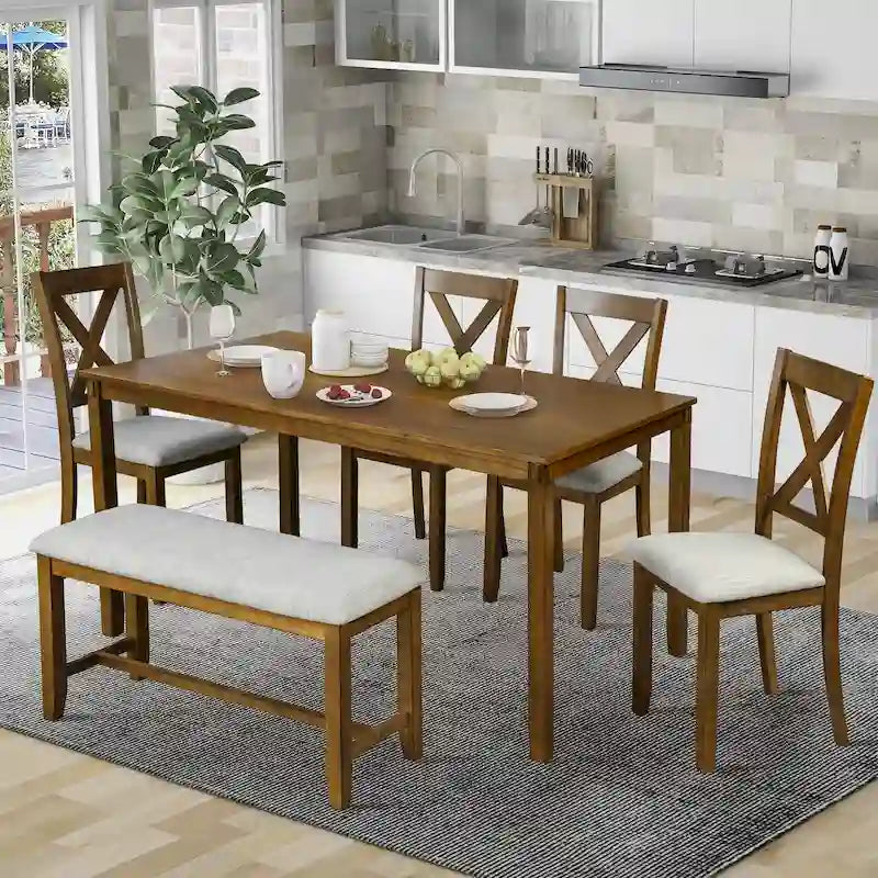 Ensemble de salle à manger 6 pièces en bois avec table, 4 chaises et un banc