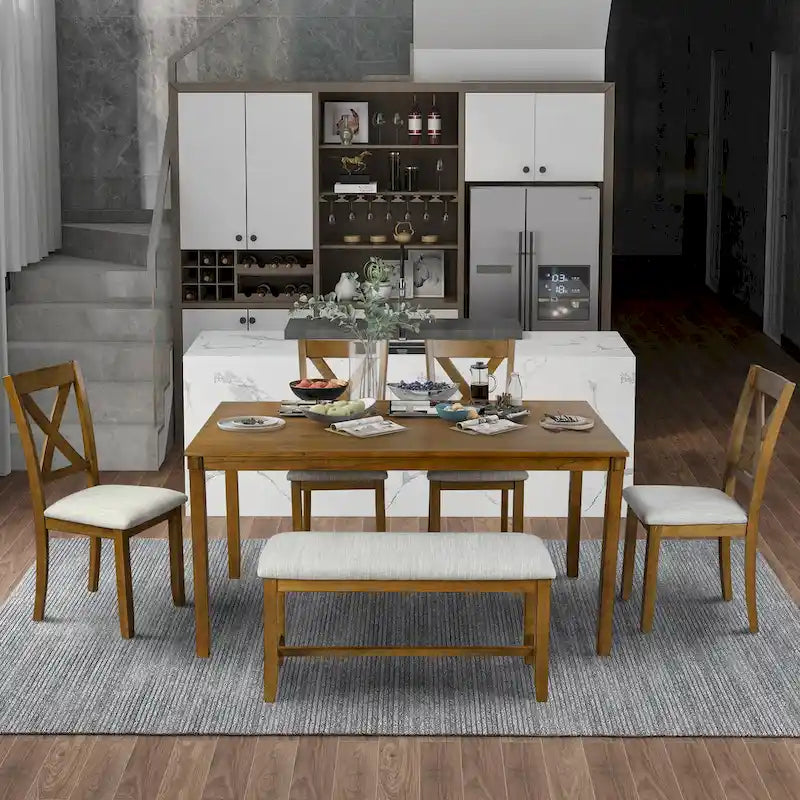 Ensemble de salle à manger 6 pièces en bois avec table, 4 chaises et un banc