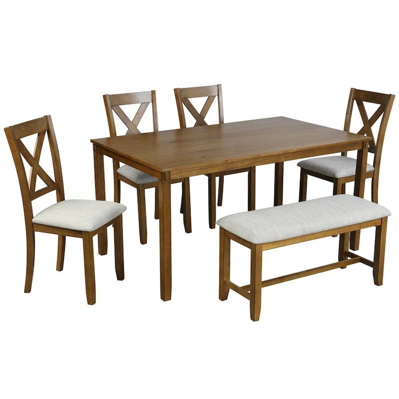 Ensemble de salle à manger 6 pièces en bois avec table, 4 chaises et un banc