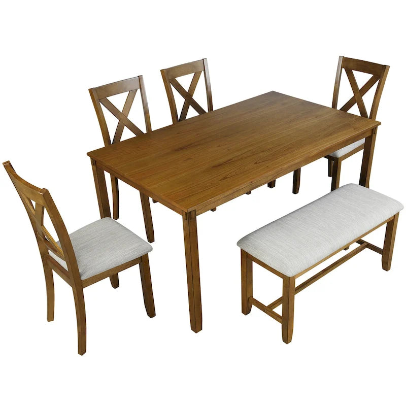 Ensemble de salle à manger 6 pièces en bois avec table, 4 chaises et un banc