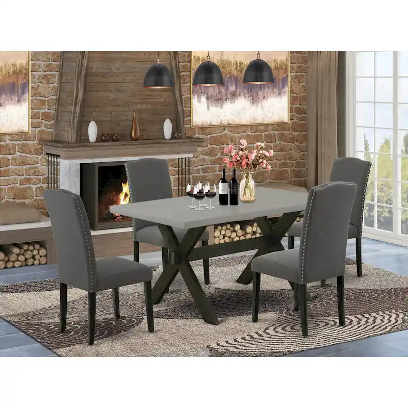 East West Furniture Dining Set-a Dining Table & Black Parson Chairs, Wire brushed Black.(Upholstered & Pieces Options)